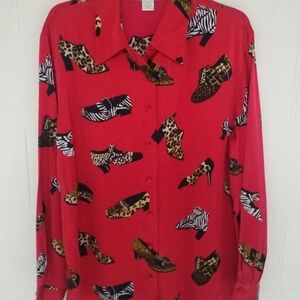 100% Silk Jessica Holbrook Vintage Blouse Red in trendy animal print Sz large